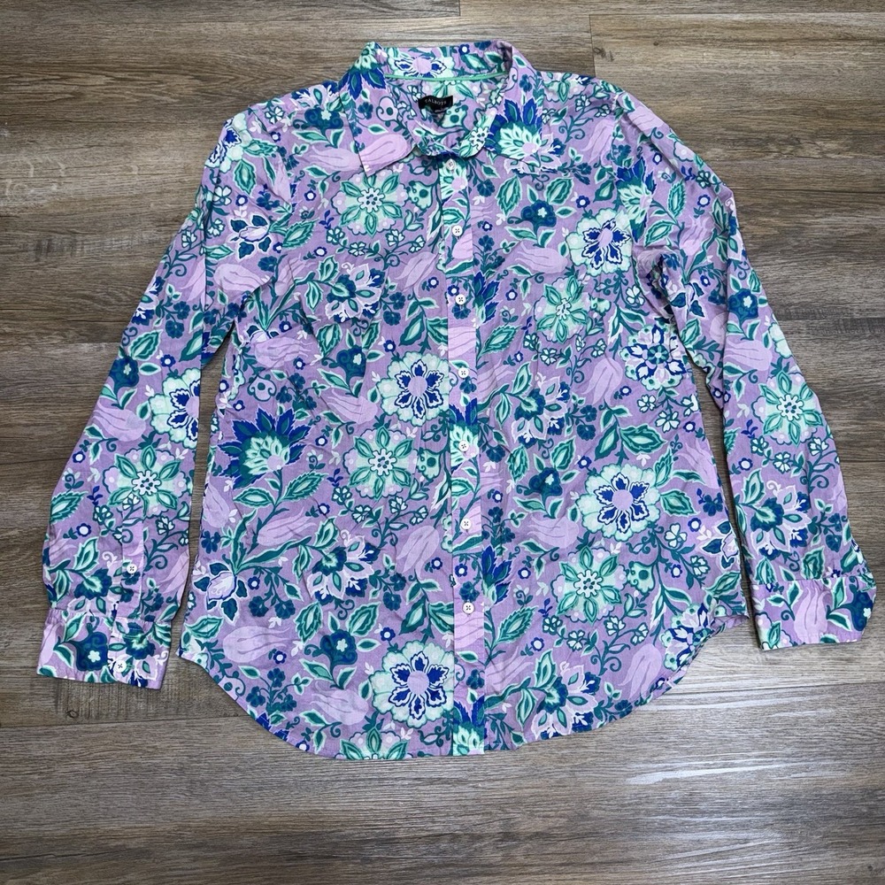 Talbots Purple Floral Long-Sleeve Cotton Blouse Womens Medium Botanical Print